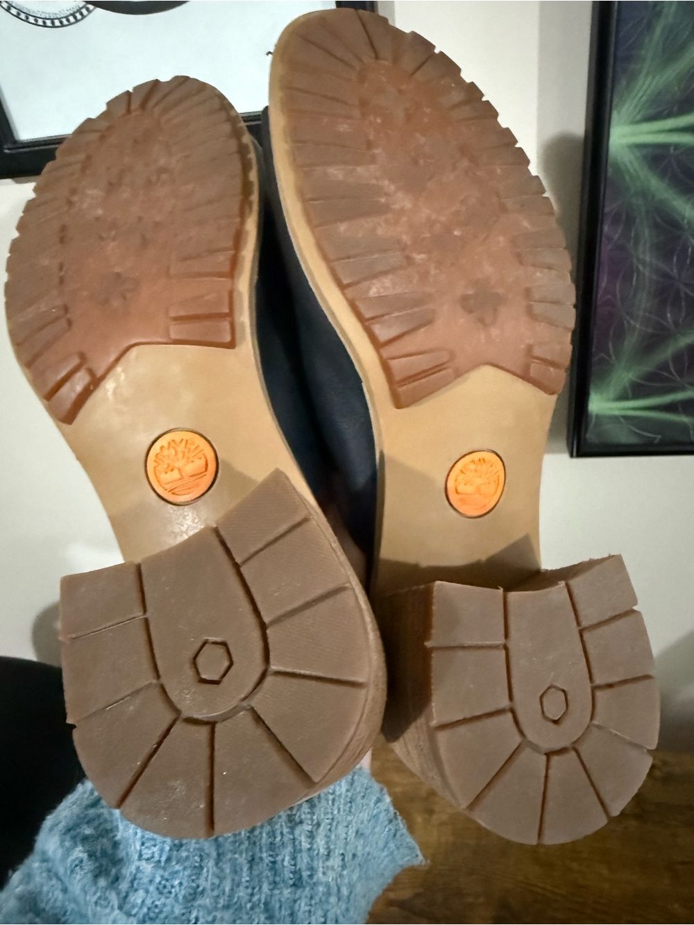 Timberland Black Leather Slide Sandals with Tan Wood Heel - Picture 9 of 10
